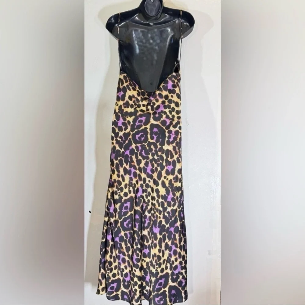 Zara Satin Effect Leopard Purple Slip Spaghetti Strap Midi Dress | Size S